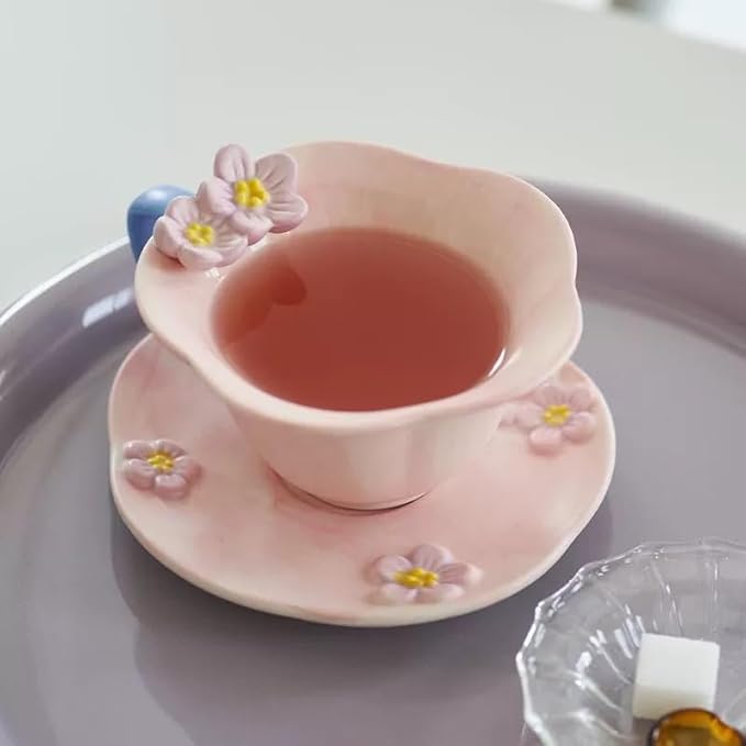 Floral Tea Cups and Saucers, Ceramic Cute Coffee Mug for Women Tea Party, Cappuccino Latte Milk (Pink)