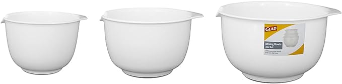 GLAD Mixing Bowls with Pour Spout, Set of 3 | Nesting Design Saves Space | Non-Slip, BPA Free, Dishwasher Safe Plastic | Kitchen Cooking and Baking Supplies, White