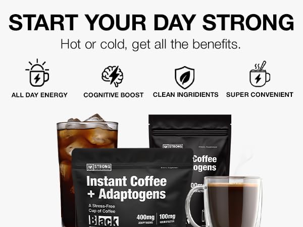 STRONG COFFEE COMPANY, ORGANIC INSTANT BLACK COFFEE – Individual Servings, Extreme Focus, Adaptogen with L-Theanine & Ashwagandha, No Jitters, No Crash (10 Packets)