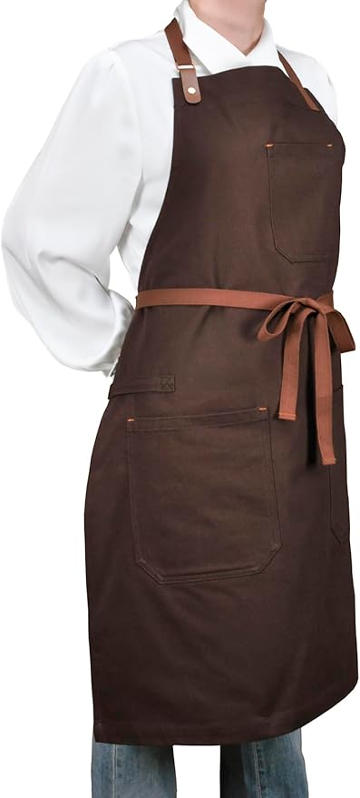 Chef Bib Apron with Pockets Professional Kitchen Cooking Grill BBQ Apron for Men Women, with Pockets Towel Loop and Adjustable Neck Strap (Brown)