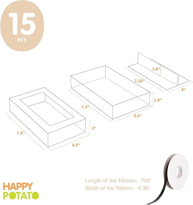HAPPY POTATO 15 Pack Macaron Boxes - 12 Count, 7.2x4x1.9 Inches, Black with Clear Window, Includes Ribbon