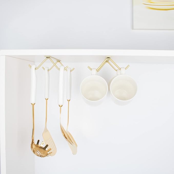 Cabinet Hook Mug Holder - Hanging Coffee Cup Rack for Kitchen, Under Cabinets Metal Hangers Organizer Shelf Storage Utensil (Gold)
