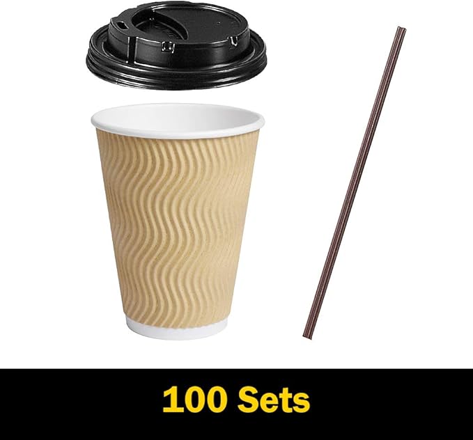 Disposable Paper Coffee Cups with Lids, 100 pack 12 oz Ripple Wall Insulated To Go Coffee Cups for Hot/Cold Beverage, Recyclable Takeaway Drinking Cups for Home Office Cafe Party