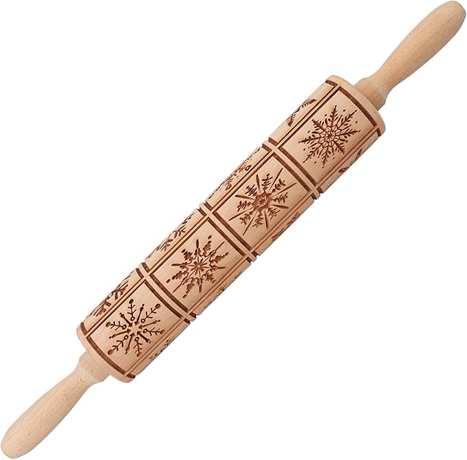 17" Premium Wood Rolling Pin with Snowflake Embossed Designs | 3mm Deep Springerle Cookie Molds | Christmas Rolling Pin & Baking Gifts for Women | Includes 3-in-1 Cleaning Brush
