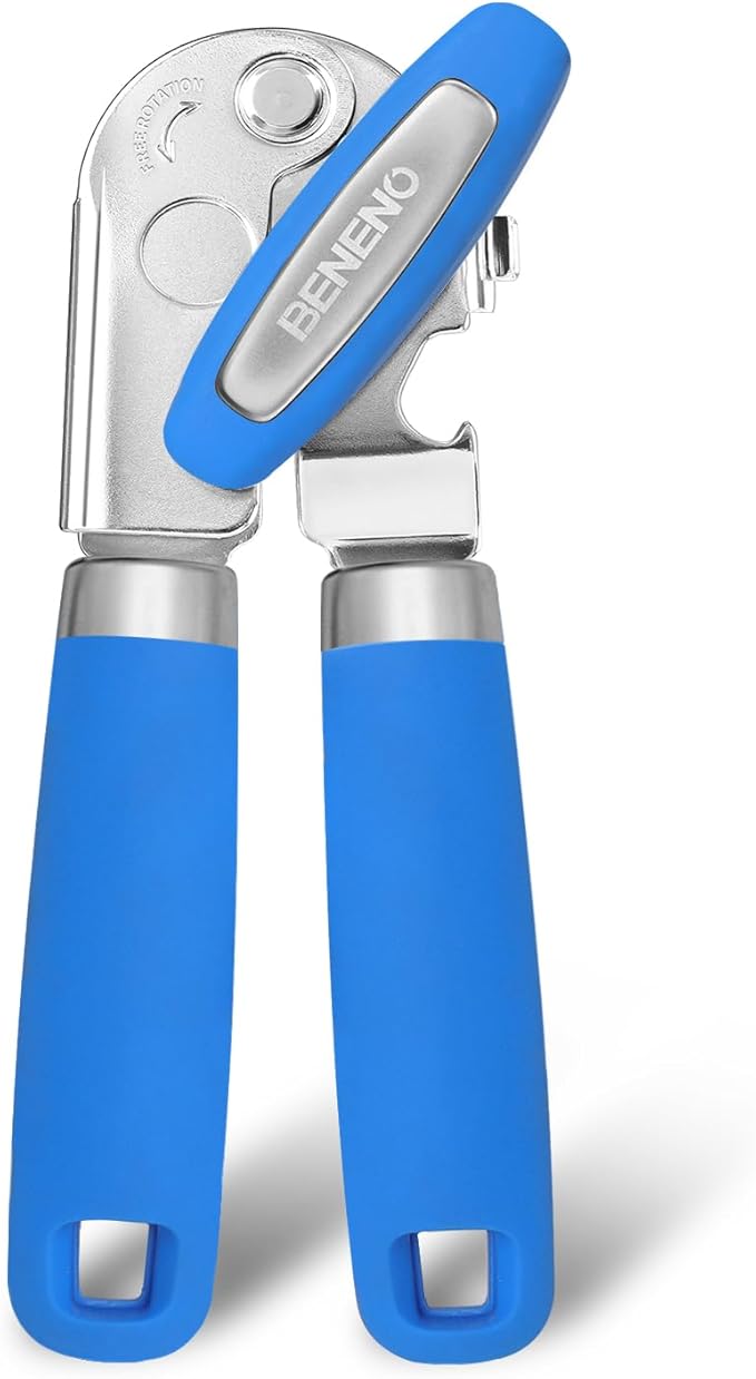Beneno Can Opener Manual with Magnet, Hand Held Heavy Duty Can Opener with Durable Sharp Blade Smooth Edge, Big Effort-Saving Knob, Soft Grip Rubber Handle, Multifunctional Bottle Opener, Klein Blue