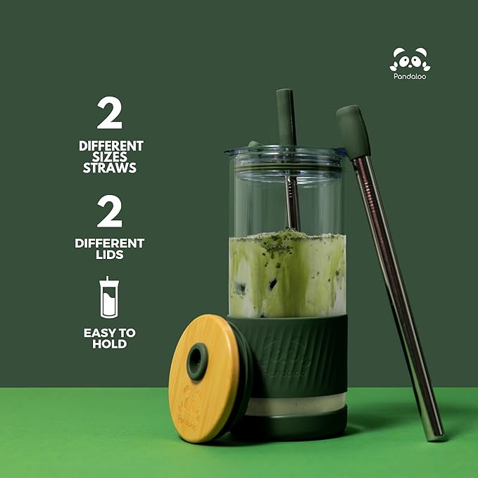 Pandaloo® Glass Cups With Lids and Straws -20 Fl Oz- Perfect Size Iced Coffee Cup - Smoothie Cup With Bamboo Lid and On the go Lid (Ethnic chic-Fabulous Fez, 1 Count (Pack of 1))