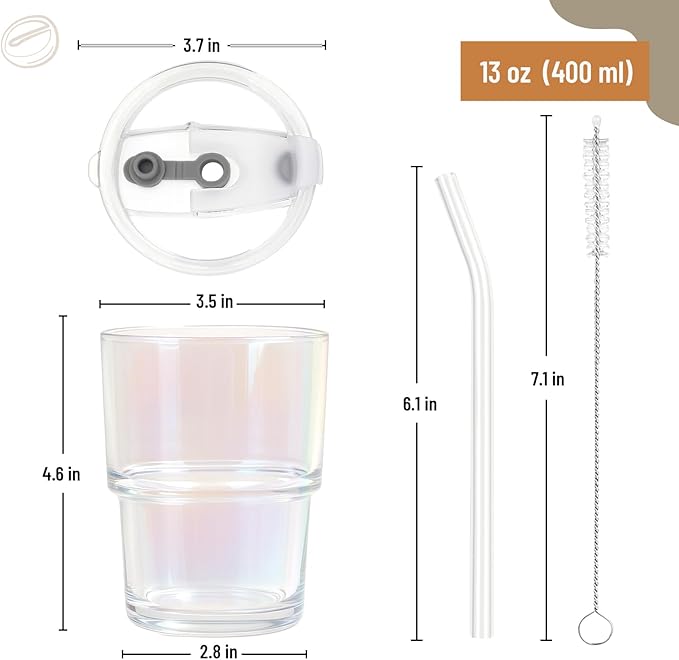 13 oz Glass Tumbler with Glass Straw and Lid, Leak-Proof Reusable Travel Cup for Iced Coffee, Tea, Matcha, Fruit Juice – Thick Wall Clear Water Bottle (Iridescent Shimmer, 4 Pack)