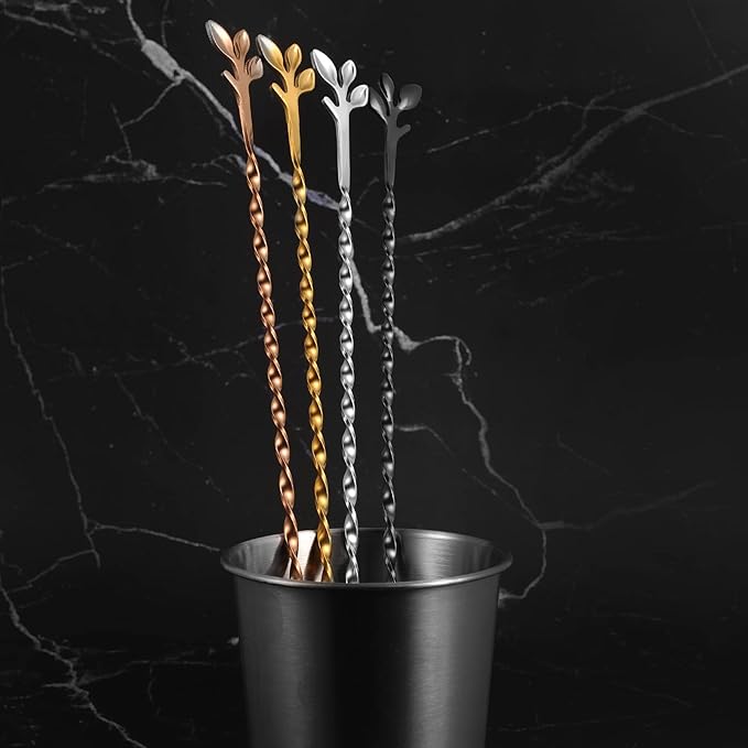 AnSaw Silver 12-Inch Stainless Steel Cocktail Spoon with Leaf Handle - Perfect for Mixing & Layering Drinks in Tall Cups, Bar & Shakers - Durable Long Handle Bar Stirrer,2-Pieces