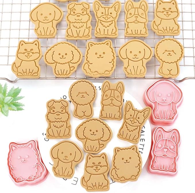 8 Dog Cookie Cutters Set, 3D Puppy Cookie Stamps, Cupcake Pancake Apple Pie Pastry Biscuit Molds, Cookie Baking Molds for Dog Party Decorations (Puppy)