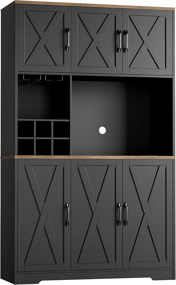 HOSTACK Kitchen Pantry Storage Cabinet, 71" Tall Food Pantry Cabinet with Microwave Stand, Farmhouse Kitchen Hutch, Coffee Bar Hutch with Wine Rack for Dining Room, Living Room, Black