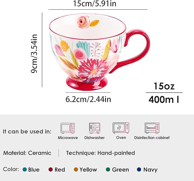 Vintage Flower Mugs β Large Ceramic Coffee Mug (15oz) β Cute Cereal Cup for Breakfast, Oatmeal Tea & Hot Drinks β Handmade Ceramic Cup with Floral Design