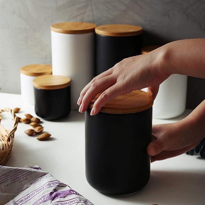 YYW Ceramics Food Storage Jar Canister with Airtight Seal Bamboo Lid, Simple Style Kitchen Canister for Food Storage, Store Coffee, Sugar, Tea, Spices (Black (8.79oz/260ml))