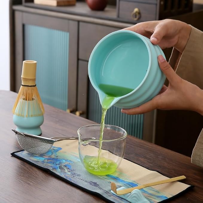 Matcha Set Matcha Whisk Matcha Bowl With Water Ladle Matcha Whisk Holder Tea Making Kit.Japanese Tea Set(7pcs)+1Spoon,Celadon Blue gift set