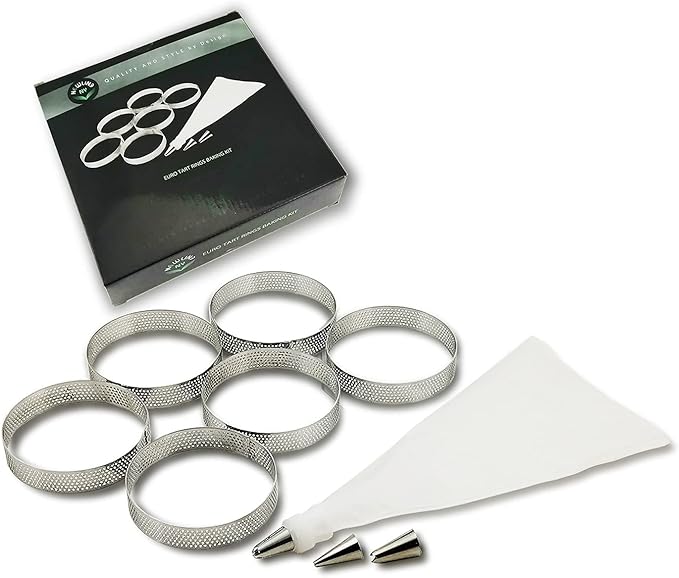 NewlineNY Stainless Steel French Pastry Tart Ring Baking Kit - 6 Perforated Round Dessert Rings + 3 Nozzles + 1 Sample Decorating Piping bag Kit