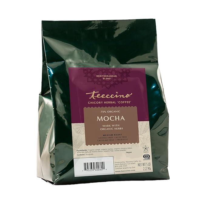 Teeccino Mocha Chicory Coffee Alternative, 5 Lb Bag - Ground Herbal Coffee That’s Prebiotic, Caffeine-Free & Acid Free, Medium Roast