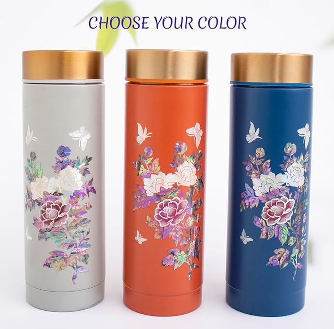 Mother of Pearl Design Stainless Steel Water Bottle 10.1 oz Leakproof Screw Cap Wide Mouth Double Wall Vacuum Insulated Travel Sport Water Flask Thermo Mug (Peony Blue)