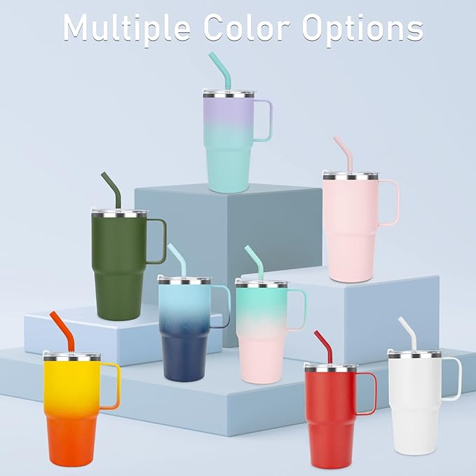 Sursip 24 oz Insulated Cup with Handle, Double Wall Vacuum Stainless Steel Tumbler with Straw and 2 Lids, For Cold/Hot Drinks, Coffee Travel Mug for Car/Home/Office/Party/Camping (Pink&Purple-1 Pack)