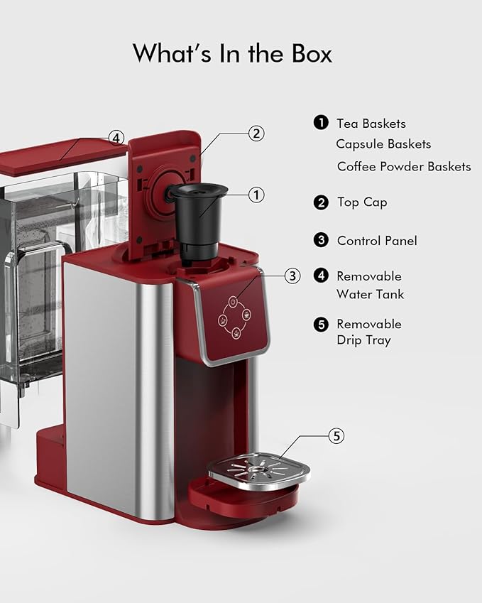 3-in-1 Capsule Coffee Machine - Single Serve Brewer for Coffee Pods, Ground Coffee, & Loose Tea, 6-10oz Brew Sizes, 50oz Removable Tank, 1150W (Red)