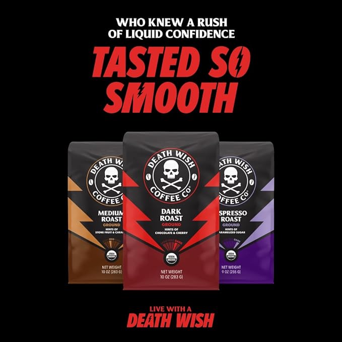 Death Wish Coffee, Organic and Fair Trade Espresso Roast Ground Coffee, 14 ounce (Pack of 1)