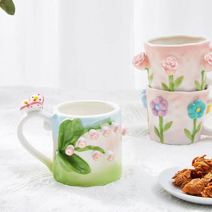 3D Flower Coffee Mug Pink Tulip Ceramic Cup,12 oz Cute Handmade Mugs,Christmas Birthday Surprise for Friends Family or Flower Lovers (Pink Tulip)