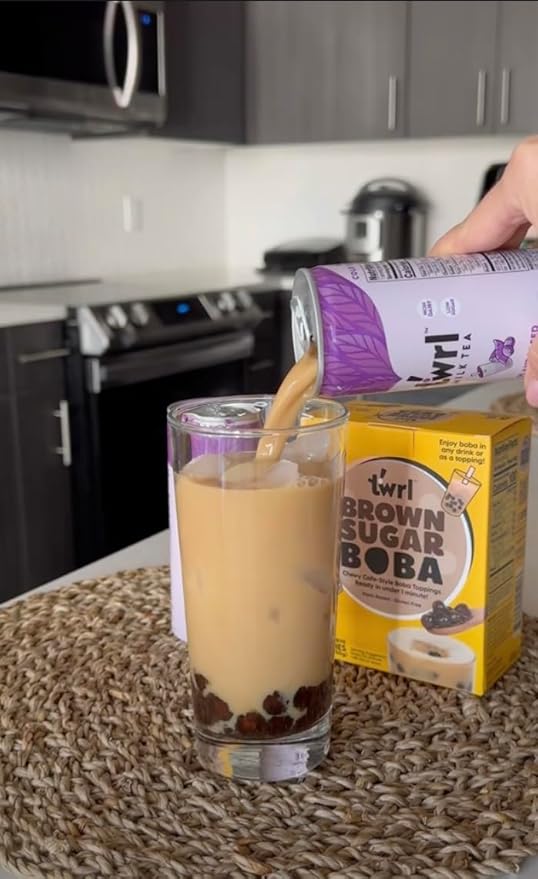 Twrl Brown Sugar Boba Bubble Tea Topping - Taiwanese Boba Pearls, Cafe-Style Tapioca Topping, Instant - Perfect for Milk Tea and Coffee, Gluten-Free, Plant-Based - Pack of 3 Single Servings & 3 Boba Straws