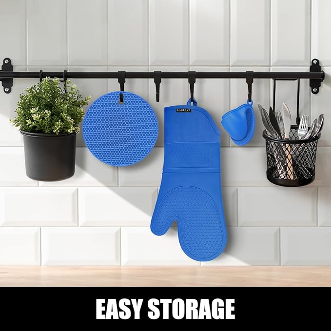Rorecay Extra Long Oven Mitts and Pot Holders Sets: Heat Resistant Silicone Oven Mittens with Mini Oven Gloves Hot Pads Potholders for Kitchen Baking Cooking, Quilted Liner, Pack of 6 (Lake Blue)