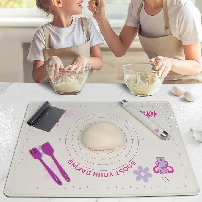 Silicone Baking Mat Set | Non-Stick Dough Rolling Pastry with Rolling Pin for Cookie Pie Crust Pizza Bread | Extra Large Dough Mat | Silicone Pastry Mat Kit Extra Thick with accessories
