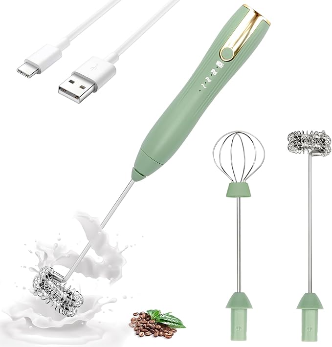 TonJin Frother Wand Rechargeable USB-C Milk Frother Handheld Mixer Electric with 2 Whisk Heads, 3 Speeds Adjustable Coffee Drink Mixer for Lattes, Matcha, Hot Chocolate, Egg, Matcha(Green)