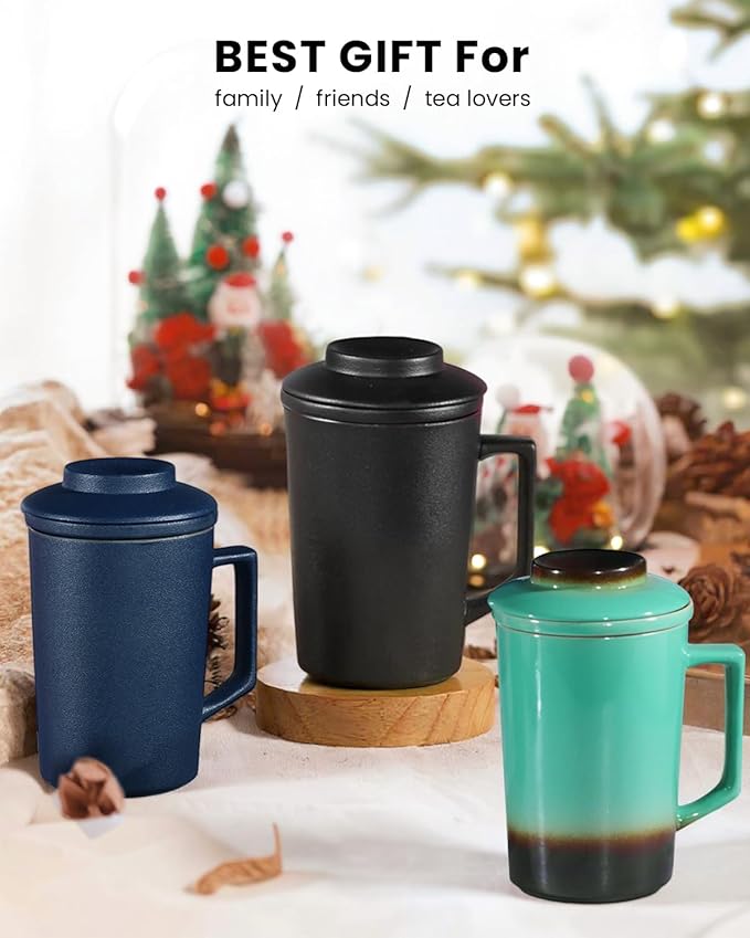 15 OZ Porcelain Tea Infuser Cup with Lid,Ceramic Tea Mug with All-Porcelain Strainers for Loose Leaf Teas,Microwave and Dishwasher Safe Coffee Mug,Metal-Free,BPA-Free,Gifts for Tea-Lover (Blue)