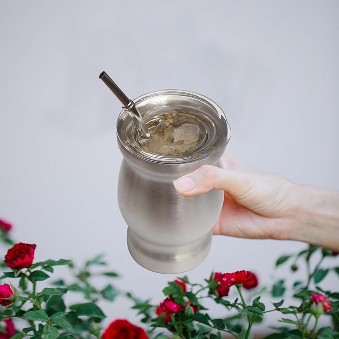 Beruth Bombilla Yerba Mate Gourd, 8oz Stainless Steel Tea Cup Set with Lid, Two Straws and Cleaning Brushes, Double Walled Coffee Mug Heat Insulation Anti Scalding (Bright Silver)