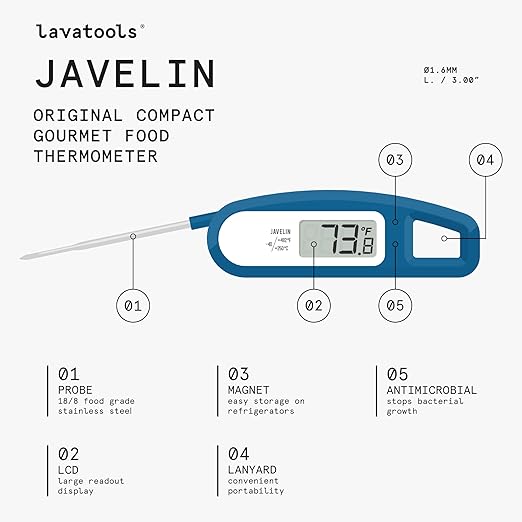 Lavatools Javelinยฎ Ultra-Fast 2-Second Digital Instant Read Meat Thermometer for Grill and Cooking, 2.75" Probe, Compact Foldable Design, Large Display, IP65 Water Resistant, NSF Certified โ Rhubarb