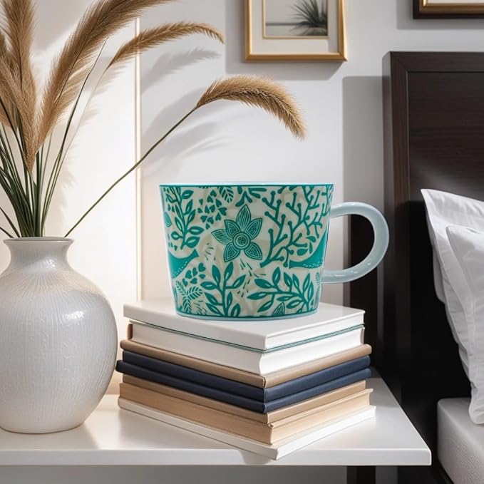 11 oz Mugs Set of 4 Porcelain Coffee Mugs Flower Mug Handle Oatmeal Milk Breakfast cup Painted Bone China Round Coffee cup