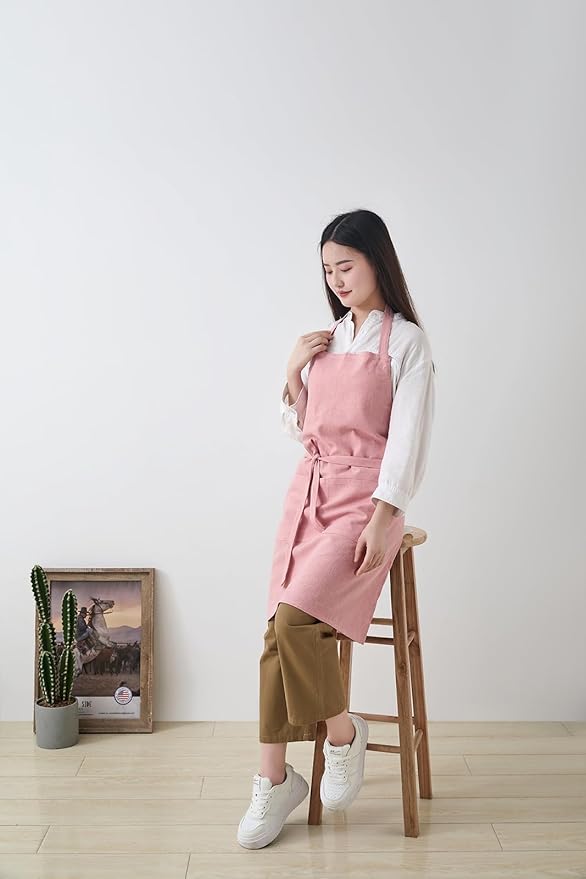 Cotton Linen Apron for Women - Adjustable Casual Apron with Pocktes, Great for Florist, Coffee House and Kitchen