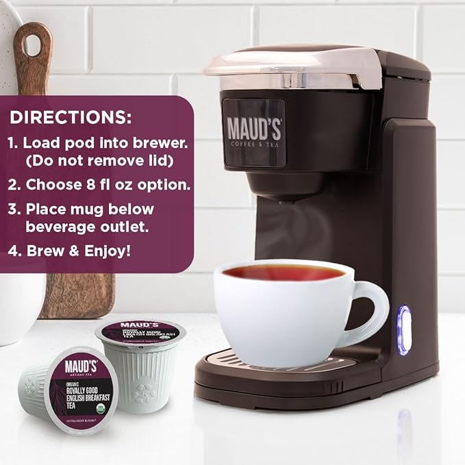 Maud's Organic English Breakfast Black Tea Pods, 48 ct, Recyclable Single Serve Pods – 100% Gourmet Blended Tea Leaves, Compatible with Keurig K Cups Maker