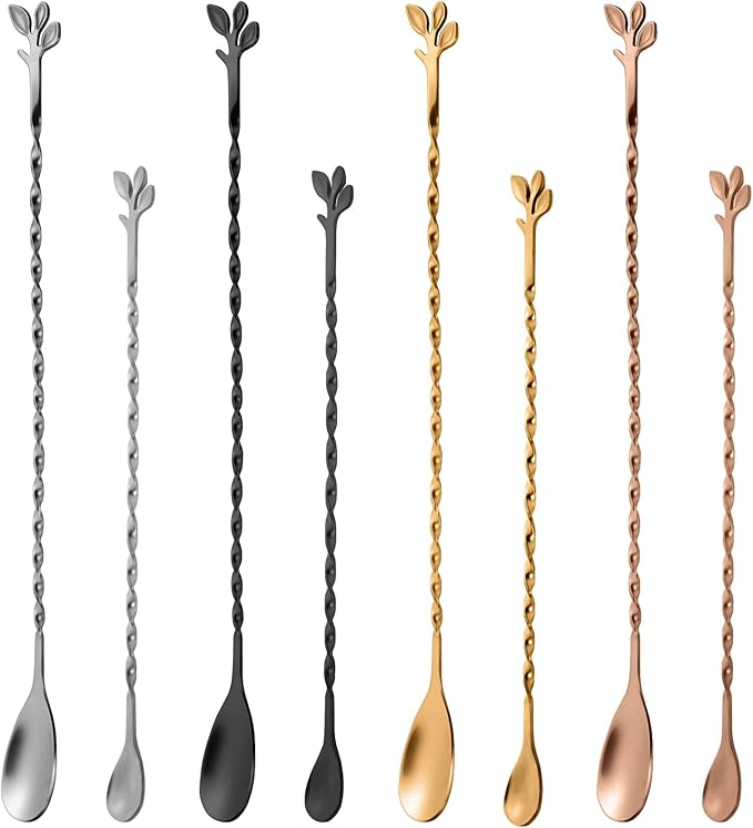 AnSaw Gold 12-Inch Stainless Steel Cocktail Spoon with Leaf Handle - Perfect for Mixing & Layering Drinks in Tall Cups, Bar & Shakers - Durable Long Handle Bar Stirrer,1-Pieces