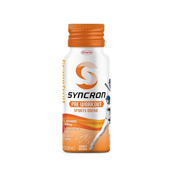 Syncron Pre Workout Sports Drink Endorsed by Shohei Ohtani, Aluminum Bottled, Sugar Free Pre Workout Drink with L Arginine, L Citrulline & BCAAs, Pre Workout Energy Shot, Grapefruit, 6 Pack, 2 oz