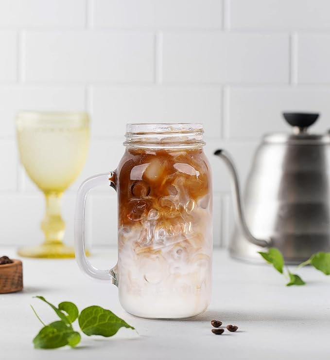 ANOTION Mason Jar with Lid and Straw, 24 oz Regular Mouth Mason Jars with Handle Drinking Glasses Tumbler Reusable Cups Smoothie Water Bottles for Iced Coffee (Classic 2 cups Style)