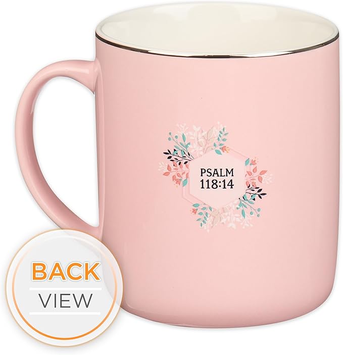 Christian Art Gifts Large, 14 oz Ceramic Scripture Coffee & Tea Mug for Women: The Lord is My Strength - Psalm 118:14 Inspirational Bible Verse, Lead-free Drinkware w/Silver Rim, Pink Floral