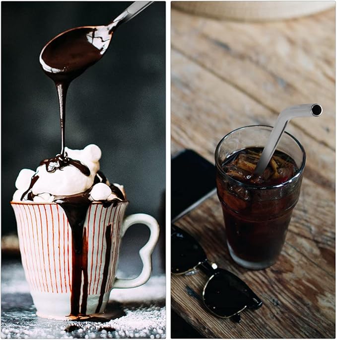 4Pcs Stainless Steel Straws Spoons, 2 in 1 Reusable Snow Cone Drinking Stainless Steel Ice Tea Metall Long Spoons Straws with 1 Cleaning Brushes for Cocktail Milkshake(4)