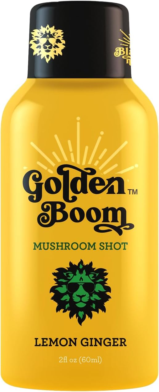 Blaze n Chill Golden Boom Mushroom Shot – Focus & Endurance Drink with Lion's Mane, Cordyceps, B-12 & Ginseng – Natural Mushrooms - Lemon Ginger (2fl oz, 6 Pack)