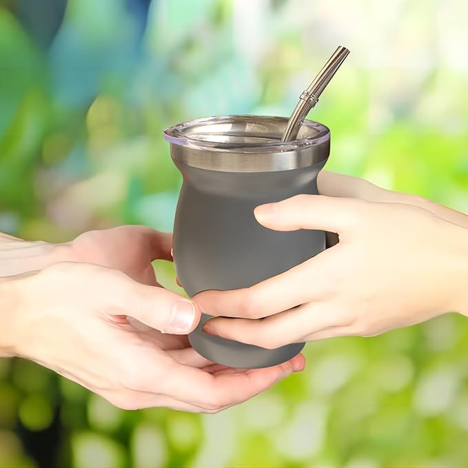 Beruth Bombilla Yerba Mate Gourd, 8oz Stainless Steel Tea Cup Set with a Multifunctional Lid, Two Straws and Cleaning Brushes, Double Walled Coffee Mug Heat Insulation Anti Scalding (Starry Sky Grey)