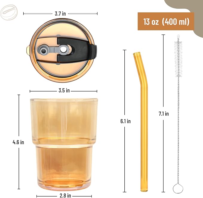 13 oz Glass Tumbler with Glass Straw and Lid, Leak-Proof Reusable Travel Cup for Iced Coffee, Tea, Matcha, Fruit Juice – Thick Wall Clear Water Bottle (Amber, 2 Pack)