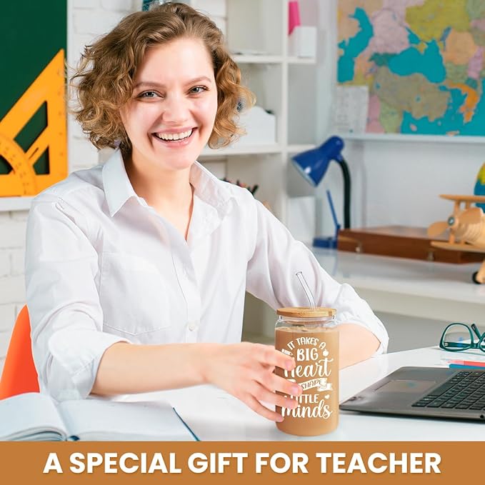 Teacher Gifts for Women - 16 Oz Can Glass Coffee Cup with Straws - Teacher Appreciation Gift for Women on Birthday Back To School
