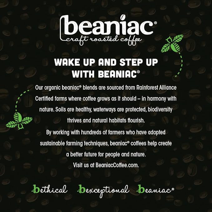 beaniac Organic Full On French Roast, Dark Roast, Single Serve Compostable K Cup Coffee Pods, Organic Arabica Coffee, Keurig Brewer Compatible, 72 Count