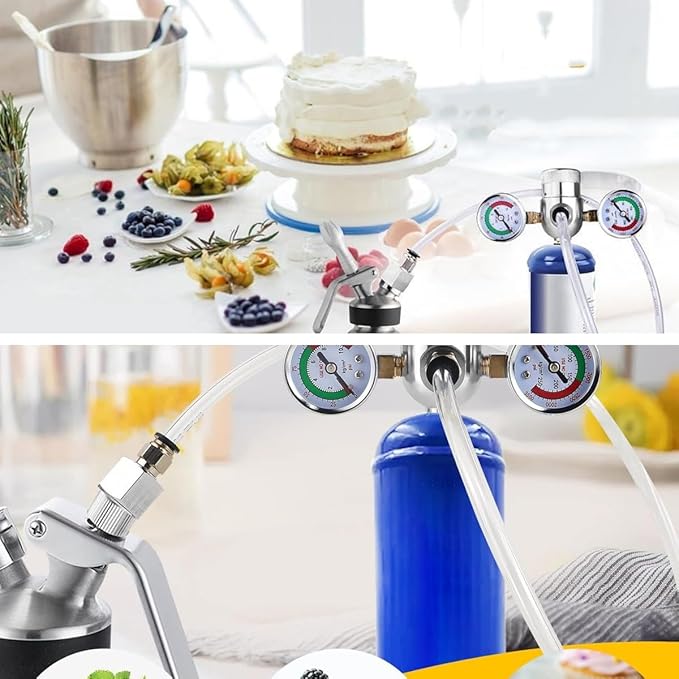 Pressure Regulator Valve for 0.95L/580g Whipped Cream Charger Tank with Hose Line & Adapter - Adjustable N2O Gas Regulator for Cream Dispenser, Cake, Cocktails