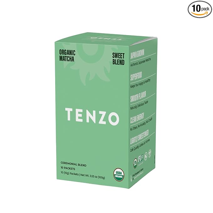 Tenzo Single Serve Matcha Green Tea Powder - Matcha Powder Single Serve Sticks - Organic Matcha Green - Ceremonial Grade Sweet Blend Matcha (10 Count)
