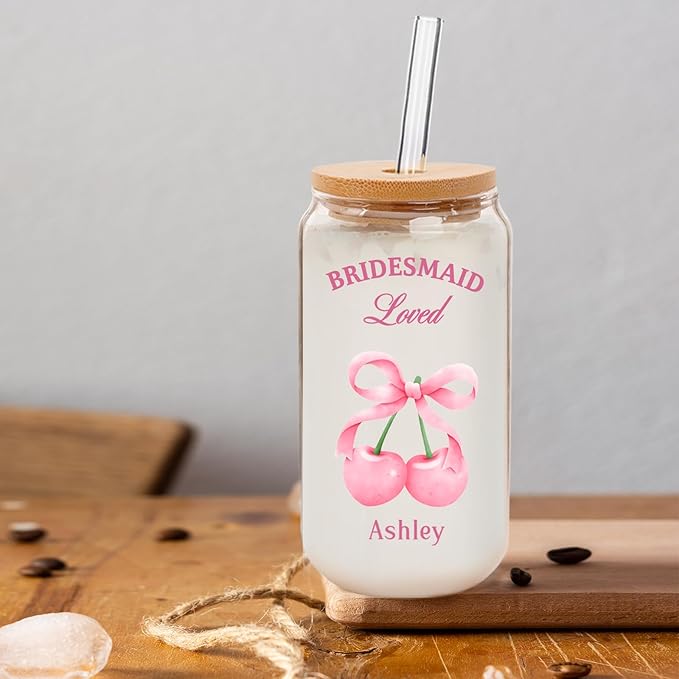 Personalized Tumbler with Cherries Bows-Can Shaped Glass with Lids and Straws-18OZ Iced Coffee Cups with Lids, Cherry Decor Cute Glass Cups, Mothers Day Bridesmaid Gifts for Women (Bow-text)