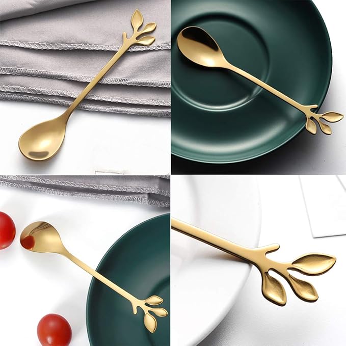 AnSaw 8-Pack Elegant Gold Leaf 4.7" Espresso Spoons - Stainless Steel, Perfect for Coffee, Demitasse, Dessert & Tea, Mini Size for Small Servings