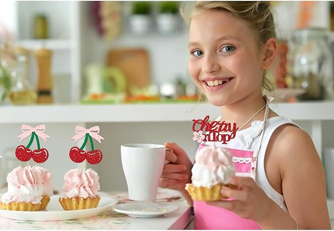 24 Pack She's the Cherry On Top Cupcake Toppers, Glitter Cherry Sweet Cake Pick for Fruits Theme Baby Shower and Bridal Shower Decorations Supplies (Top)