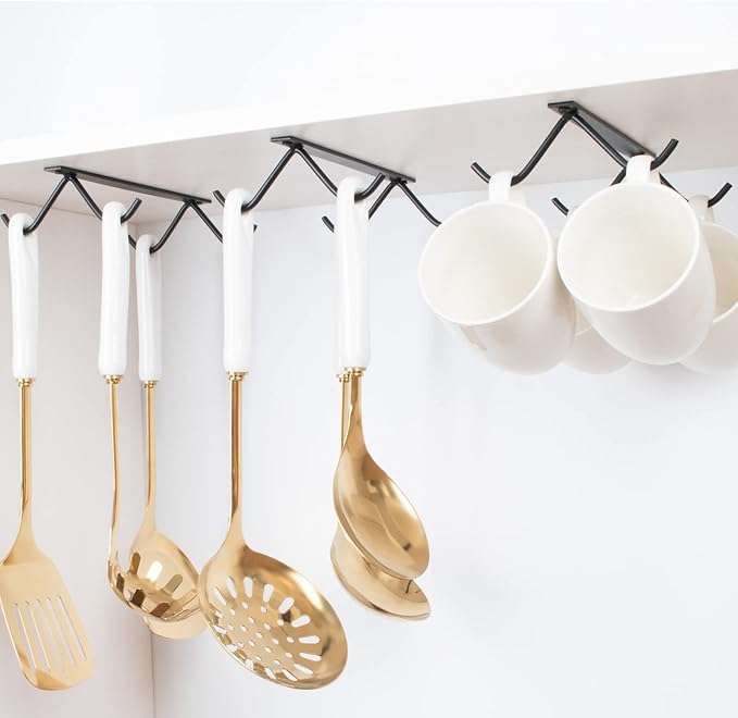 Cabinet Hook Mug Holder - Hanging Coffee Cup Rack for Kitchen, Under Cabinets Metal Hangers Organizer Shelf Storage Utensil (Black)